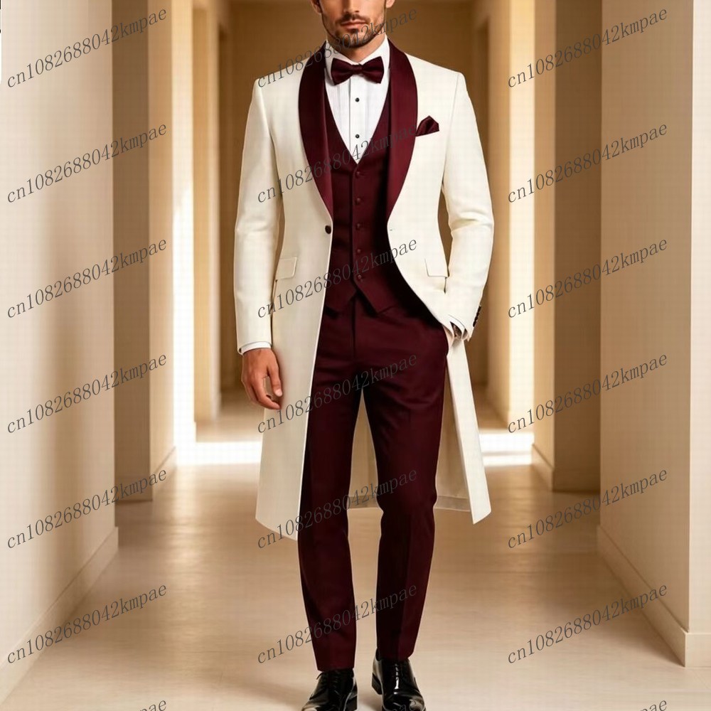 Men'S Grooming Jacket - Blazer Lungo Bianco e Borgogna, Abito